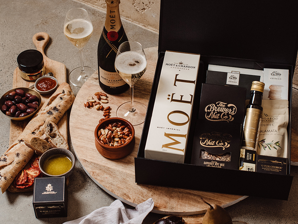 Gourmet Hampers With Moet Champagne + Tasty Savoury Nibbles!